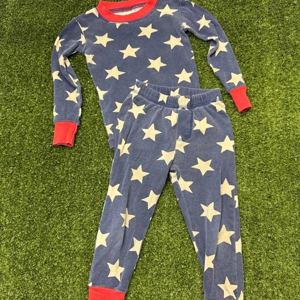 Mini Boden 3Y Cotton Pajamas Red White Stars on Blue 2 Piece